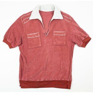 Vintage 50s Terry Cloth Polo Shirt Men's Fits Small Red White Piped Resortwear